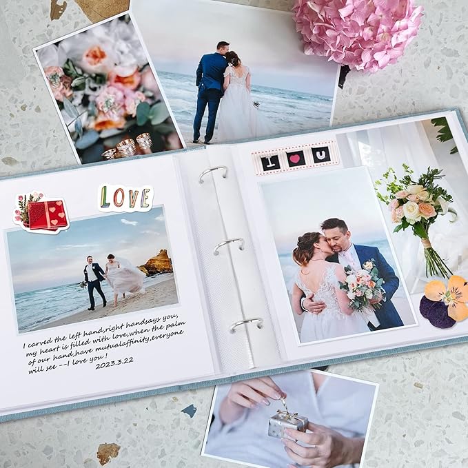 1DOT2 8x8 DIY Small 3 Ring Scrapbook Photo Album Journal with 30 Plastic Sleeves 60 Pages and Fabric Cover for Baby Travel Wedding Couple Anniversary Kids Adventure(Beige Cover/White Pages)