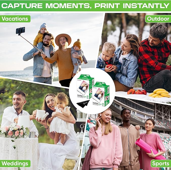 Fujifilm Instax Mini Film ISO 800, Six Twin Packs 120 EXP Total Compatible with Instax Mini Evo, 12, 11, 9 Models, Includes Balveli Premium Microfiber Cleaning Cloth