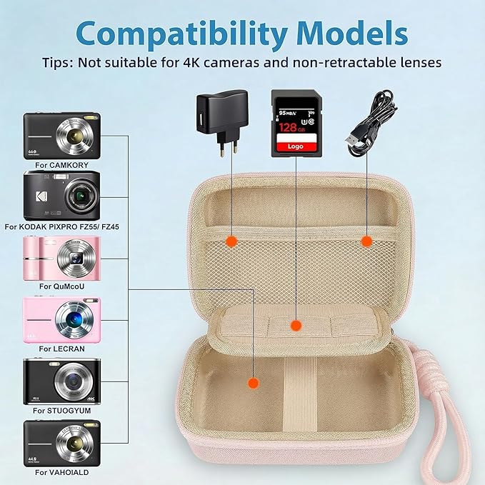 Digital Camera Case for CAMKORY/KODAK PIXPRO FZ45/FZ55/Canon IXUS 285 HS/AbergBest/Sony DSCW800/DSCW830 - Small Travel Compact Camera Holder with Mesh Pocket for SD Card & Accessories (Rose Gold)