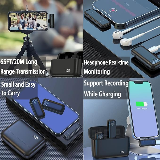 2 Pcs 3 in 1 Wireless Lavalier Microphones for iPhone iPad USB C Android Laptop with Charging Case, Clip on Lapel Mic Plug-Play Cordless Mini Mic for Video Recording Vlogging, YouTube, Interview