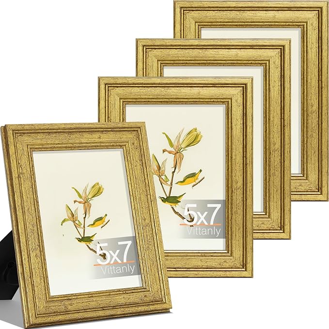 Vittanly 5x7 Picture Frame Set of 4, Vintage Photo Frame for Wall or Tabletop, Display 5x7 Pictures, Rustic Farmhouse Home Decor, Gold