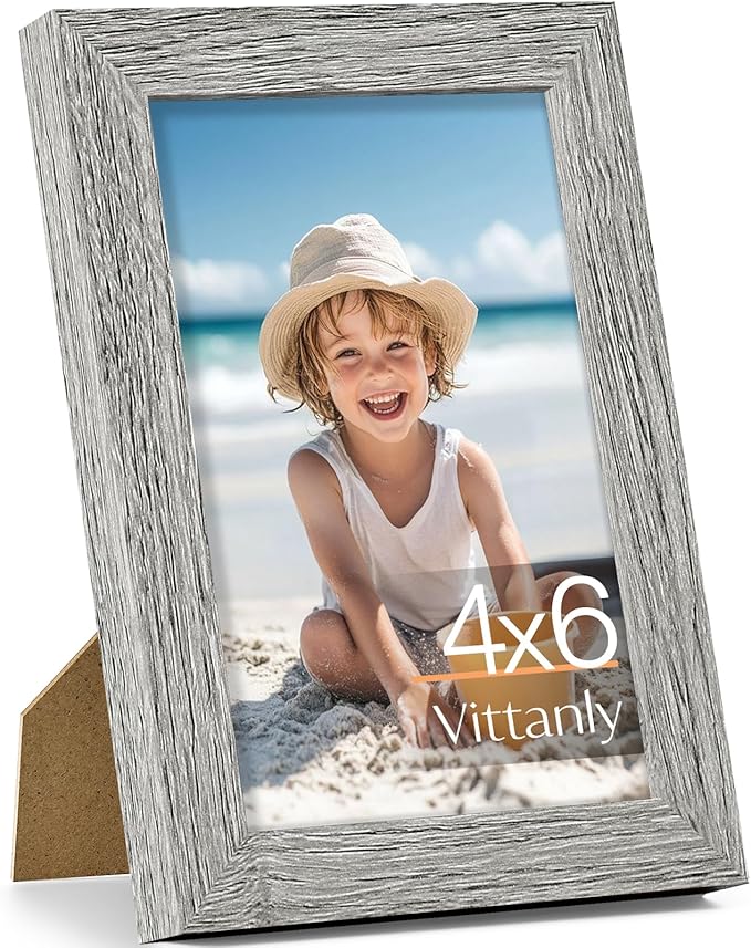Vittanly 4x6 Picture Frame, Made of Solid Wood and Shatterproof Plexiglass, Wooden Photo Frame for Wall Mounting or Tabletop Display, Picture Frame for Home Decor with Stand, Grey, 1 Pack
