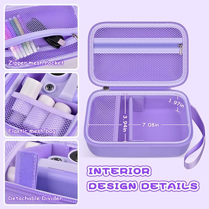 Kids Instant Print Camera Case for Dylanto/for Gofunly/for DUDUDRAGON/for ESOXOFFORE, Digital Video Camera Storage Box with 3 Roll Papers, Holder for Color Pen and Accessories (Bag Only)- Purple