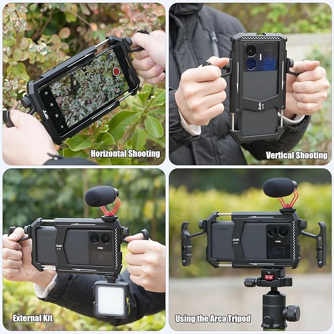 FocusFoto Metal Smartphone Video Rig with Dual Handle Grips, Aluminum Alloy Camera Case Stabilizer for iPhone Mobile Phone Vlogging Professional Videomaker