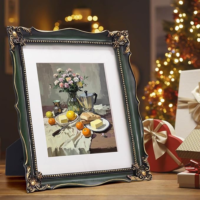 Vintage 11x14 Picture Frame with Embossed Flower, Green Ornate Frame for 11x14 or 8x10 Photos with White Mat, Hand-Crafted Resin Antique Frames for Tabletop & Wall Hanging, Home Decor (Green )
