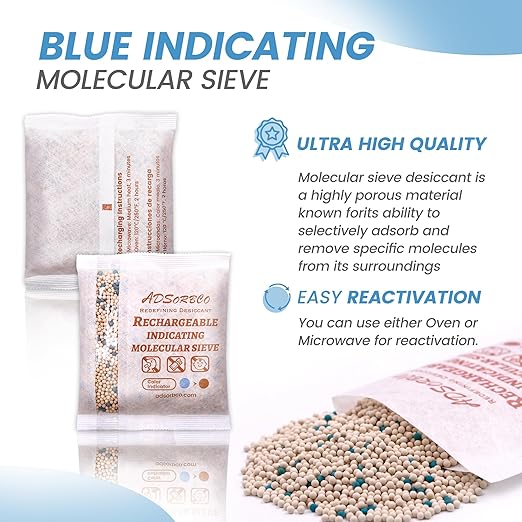 ADSorbco 5Gram (50 Packs) Molecular Sieve Desiccant Packs – Indicating Silica Gel Packets for Rapid Moisture Absorption in Pharmaceuticals, Supplements, and Electronics