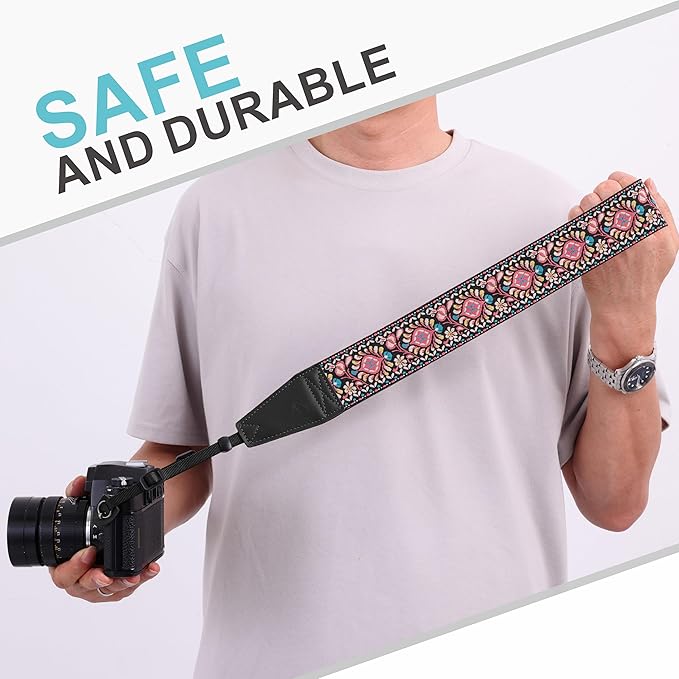 Padwa Lifestyle Pink Flower Camera Strap - 2" Full Grain Leather Ends Camera Straps for Photographers, Vintage Embroidered Cotton Weave Soft Suede Fabric Padded Strap Quick Release fits All Cameras