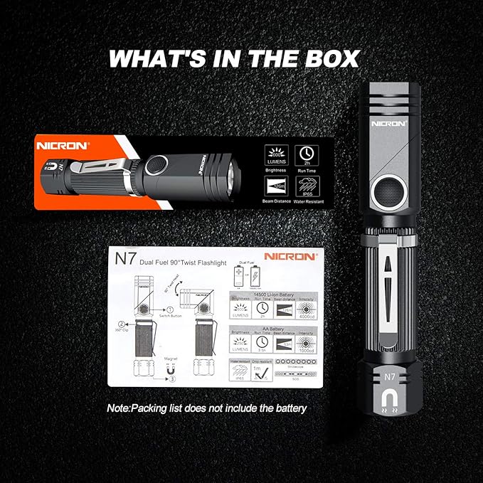 NICRON Flashlight, N7 600 Lumens Tactical Flashlight, 90 Degree Ip65 Waterproof Led Mini Flashlight 4 Modes- Best High Lumens are for Camping, Outdoor, Hiking （Not Including Batteries） Gift