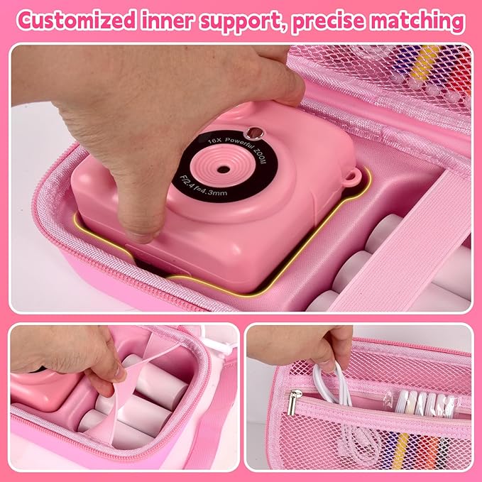 Kids Instant Print Camera Case for ESOXOFFORE Digital Video Cameras with 3 Rolls Paper Refill, Toddler Film Camera Storage Holder Bag with Mesh Pocket for Thermal Paper Accessories (Box Only) - Pink