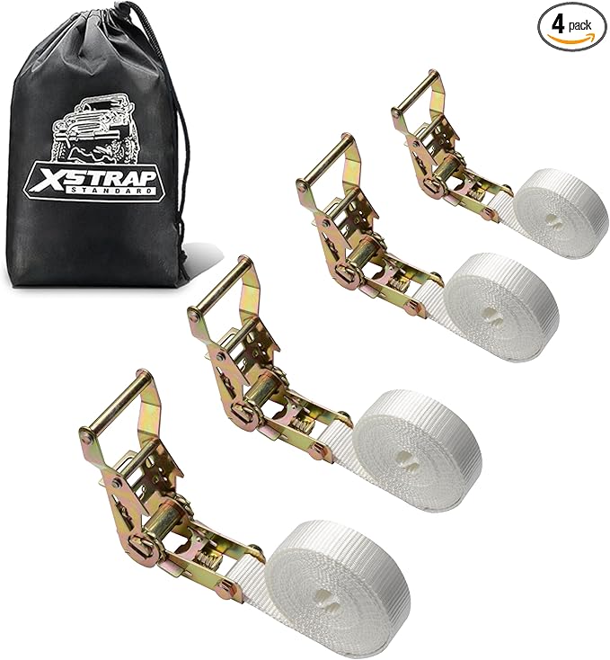 XSTRAP STANDARD 4PK 1" Endless Ratchet Straps - 2500lbs Breaking Strength Heavy Duty White Tent Securing Straps, Track Spring Fittings, 10ft Tie Downs for Tents/Trailers/Kayaks