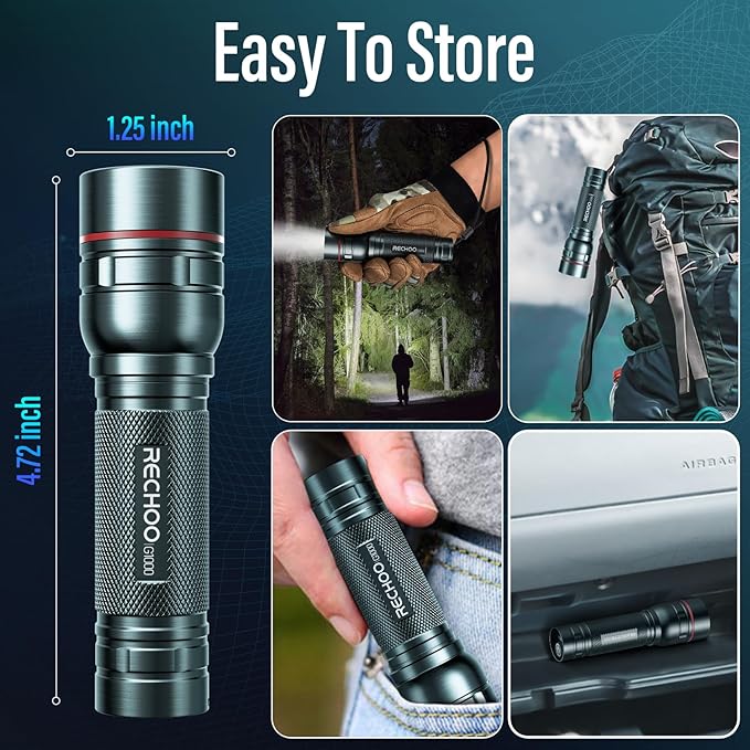 Rechargeable Flashlights High Lumens, G1000 Super Bright Flash Light Grey, Small Zoomable LED Flashlight with 3 Lighting Modes, Portable Tactical Flashlight for Camping Essentials (Battery Included)