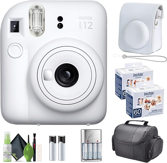 FUJIFILM INSTAX MINI 12 Instant Camera Clay White with Fuji Value Pack Instant Film - 60 Photo Sheets with Camera Case and Accessories Ideal Gift for Kids, Teenage Girl & Adults