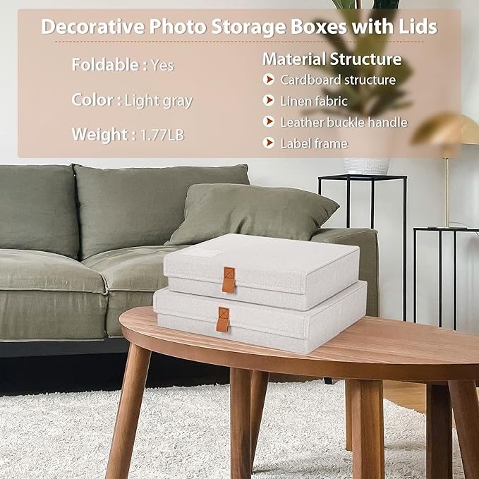 Flenpptly Decorative Photo Storage Box, Photo Boxes Storage with Lids Keepsake Box to Store Pictures, Envelope, Scrapbook Supplies Comes with Business Card Frame to Mark (Large+Small)