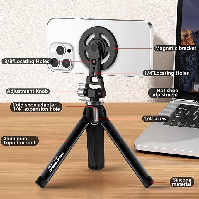 Aluminum Magnetic Stand Mount with Cold Shoe Mount for iPhone,Adjustable Rotable Cellphone Tripod Stand Holder for iPhone,Camera Monitoring.