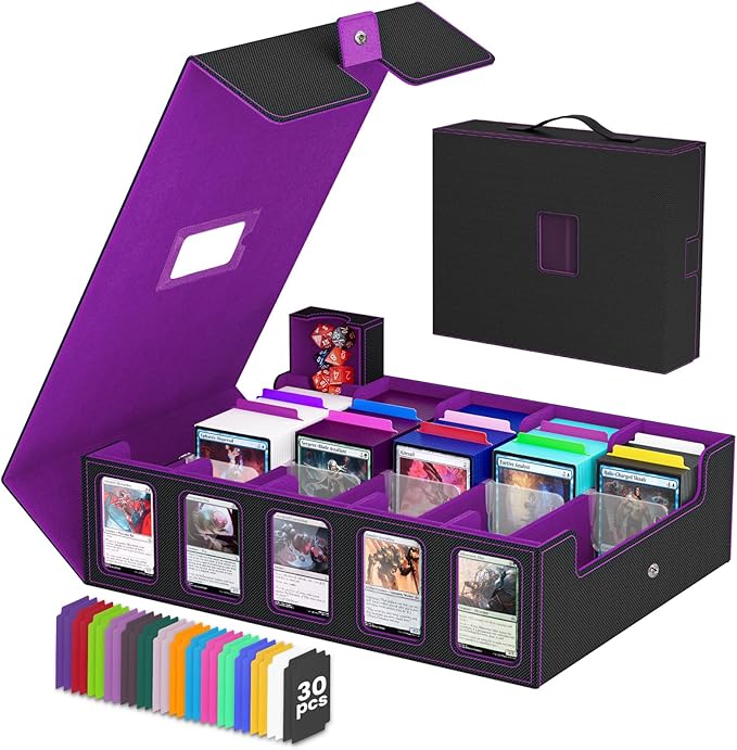 Trading Card Storage Box, 5 Row Card Deck Case with Commander Display & Portable Handle, 4200+ Card Deck Boxes Compatible for MTG TCG Magic Cards, 30 Divider, 8 Supporters, 1 Dice Tray(Black & Purple)