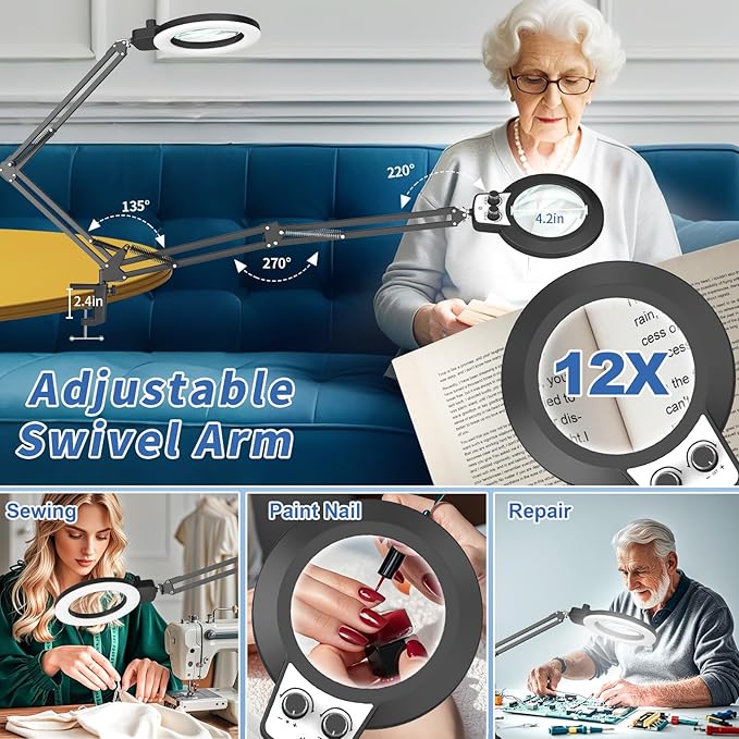 HITTI 12X Magnifying Glass with Light, 2026 New Upgrade Infinite Color and Stepless Dimming Desk Large Lamp & Clamp, 2-in-1 LED Hands Free Lighted Magnifier Stand for Crafting Hobby Soldering Reading