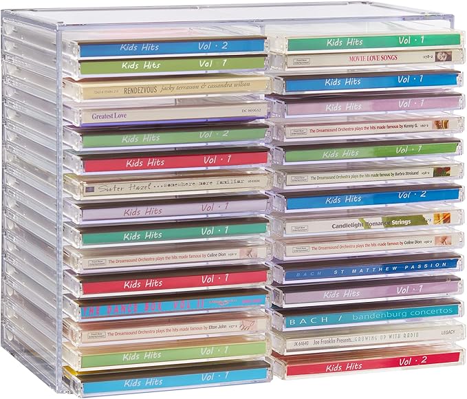 STORi Stackable Clear Plastic CD Organizer with Rubber Feet | Rectangular Jewel Cases Holder Perfect for Theatre Room | Holds up to 30 CD Cases | Made in USA