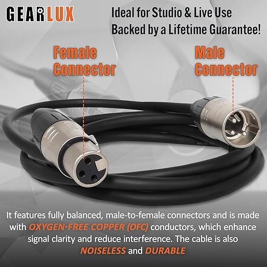 Gearlux XLR Microphone Cable, Fully Balanced, Male to Female, 6 Feet - 6 Pack