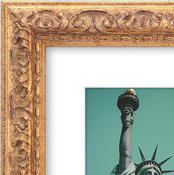 8x10 inch Distressed Wood Embossed Scroll Motif Vintage Antique Rustic Picture Frame, White Mat for 5x7 in Photo, Art Print Drawing, Wall Hanging or Desktop Display-Rustic Gold