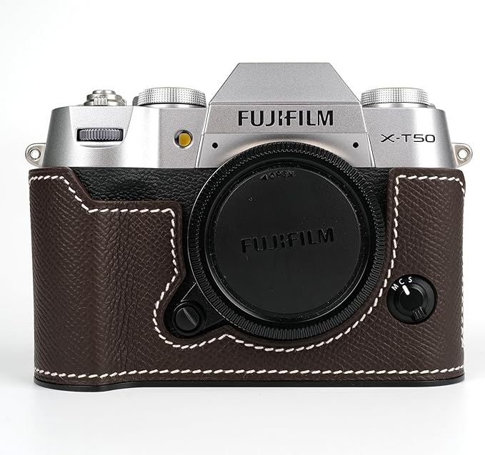 Uchandmade Handmade Genuine Leather Camera Half Case for Fujifilm X-T50/Fujifilm X-T50 Camera Case/Fujifilm X-T50 Case - Top Layer Cowhide Body + Metal Base Plate (Dark Coffee)