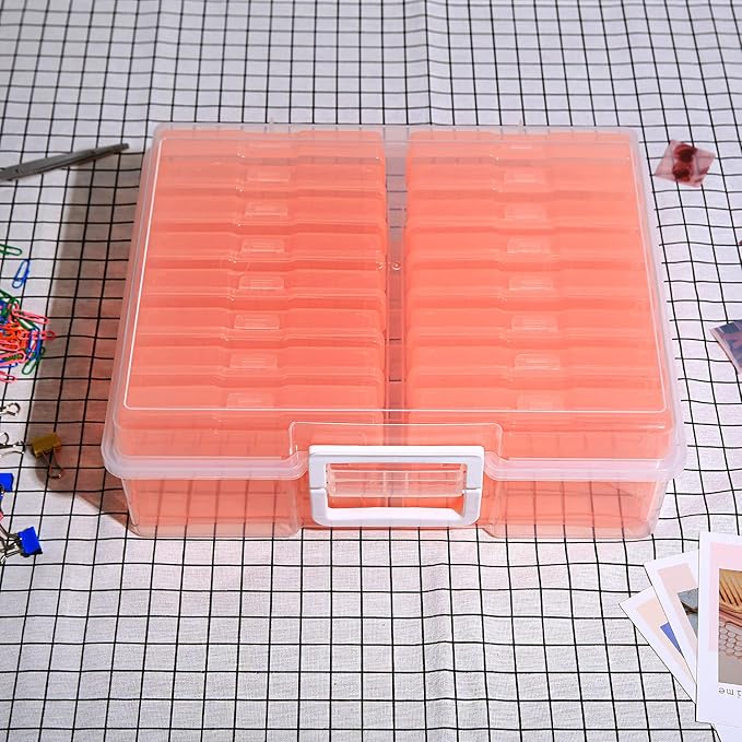 Naivees 4" x 6" Photo Storage Case with Handle, 16 Inner Photo Organizer Keeper, Extra Large Storage Picture Boxes, Seed Storage, Transparent Craft Keeper (Orange)