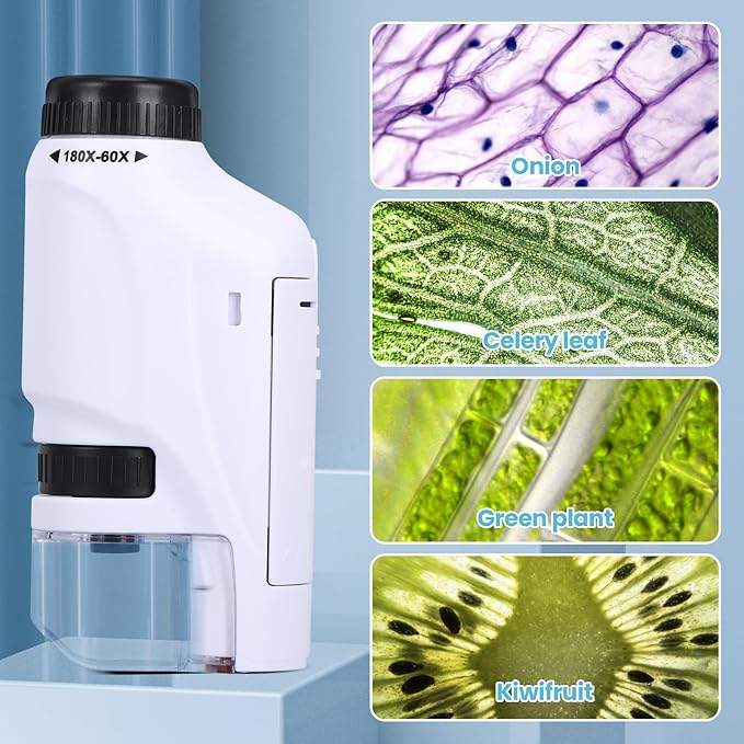 Axlksia Mini Microscope for Kids and Adults, Handheld 60x-180x LED Lighted Pocket Microscope with 4 Slides for Student Science Lab Education (White)