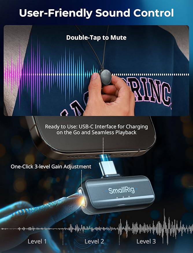 SMALLRIG S60 Wireless Lavalier Microphone with USB C for iPhone, for Android, Mini Mic with 44H Battery, Noise Reduction, Mute, Gain, Clip On Lapel Mic for Video Recording, Vlogging, Interview,Black