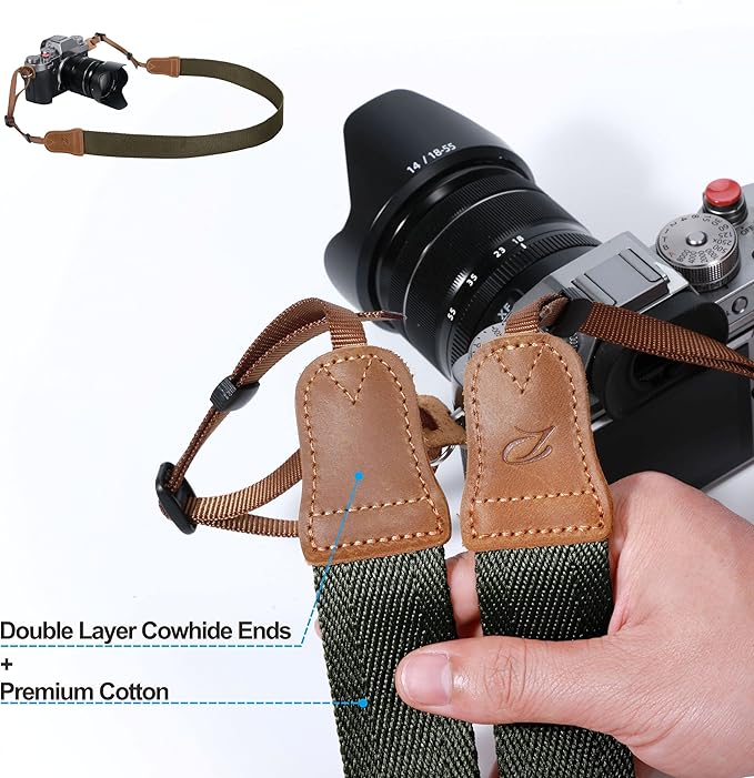 Olive Green Camera Strap,Double Layer top-grain Cowhide Ends,1.5"Wide Pure Cotton Woven Camera Strap,Adjustable Universal Neck & Shoulder Strap for All DSLR Cameras,Great Gift for Photographers