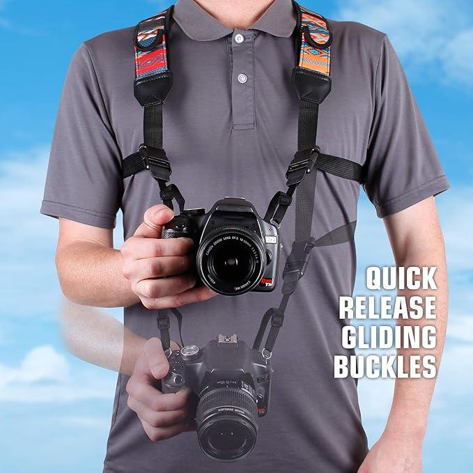 USA Gear DSLR Camera Strap Chest Harness with Quick Release Buckles, Southwest Neoprene Pattern and Accessory Pockets - Compatible with Canon, Nikon, Sony Point and Shoot and Mirrorless Cameras