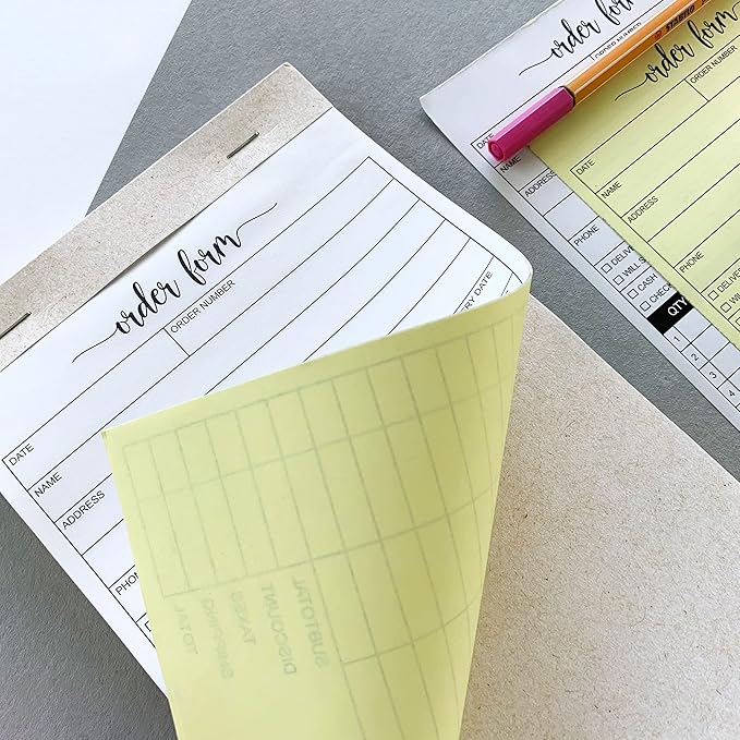 321Done Order Form Book with Cover, 5.5x8.5 Small 2-Part Carbonless, Made in USA, Carbon Duplicate Copy Invoice Purchase Sales Notepad for Small Business, Simple, Generic (50 Sets) White/Yellow