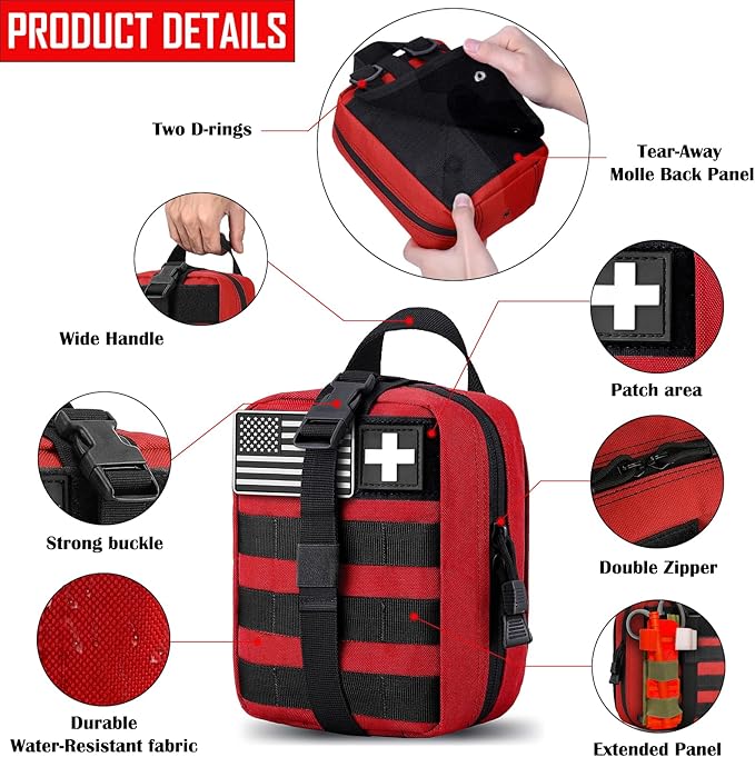 Molle Pouch ifak First aid kit Bag Empty Trauma Medical Tear away Pouches for Belt Backpack Vest Car Molly Med Case 600D nylon Small Tactical Pouch (RED)