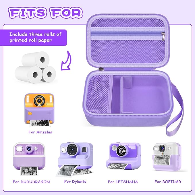 Kids Instant Print Camera Case for Dylanto/for Gofunly/for DUDUDRAGON/for ESOXOFFORE, Digital Video Camera Storage Box with 3 Roll Papers, Holder for Color Pen and Accessories (Bag Only)- Purple