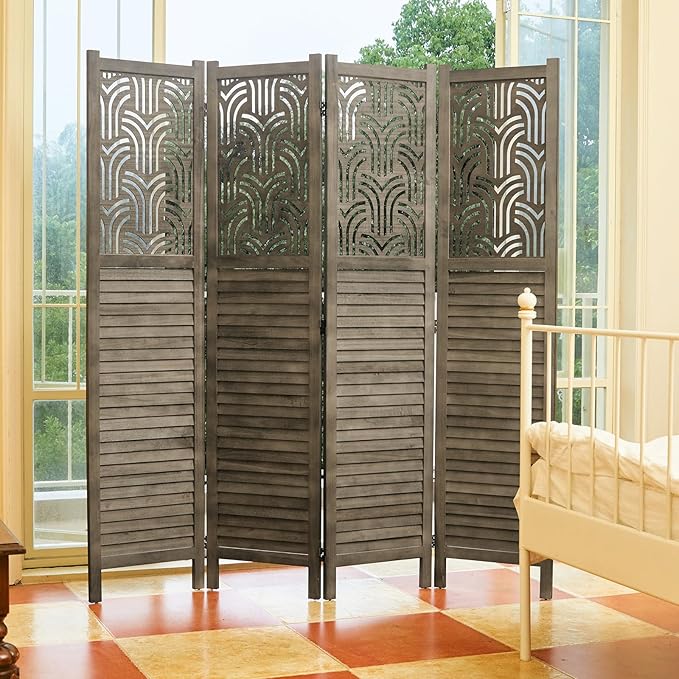 Folding Room Divider, 66.9 Inch 4 Panels Wood Carved Privacy Screens, Free Assembled Freestanding Portable Separation Wall for Home Office Restaurant Bedroom (Gray)