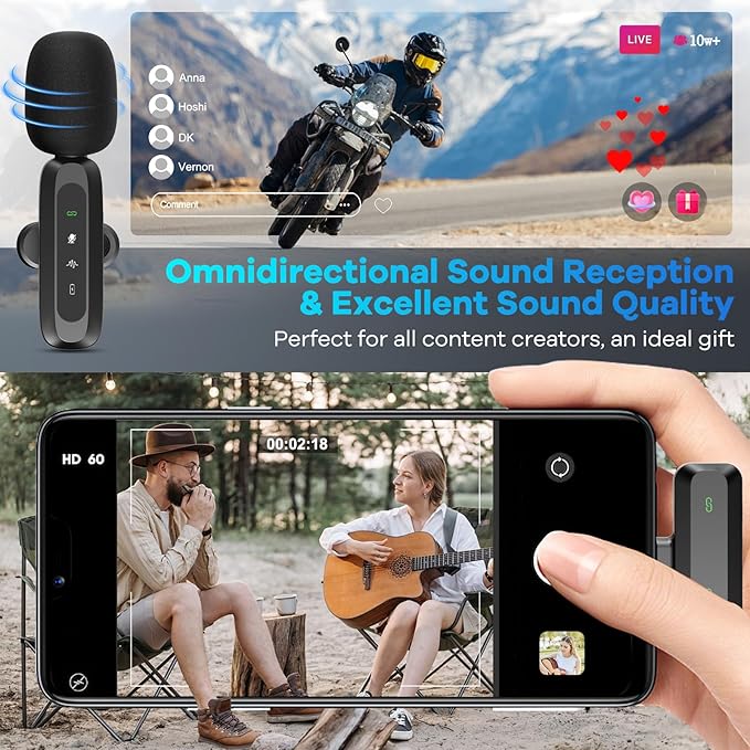 2 Pack Wireless Lavalier Microphone for iPhone 15, USB C Android Phone, Laptop, Tablet, PC, Type-C Mini Lapel Mic with Noise Reduction for Vlog Video Recording Content Creator (Lightning)