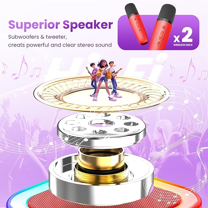 Karaoke Machine for Kids Adults, Portable Bluetooth Speaker with 2 Wireless Karaoke Microphones, 2026 TOP Birthday for Girls Boys 3,4,5,6,7,8+Year Old Toddler Toys Karaoke Player(Red)