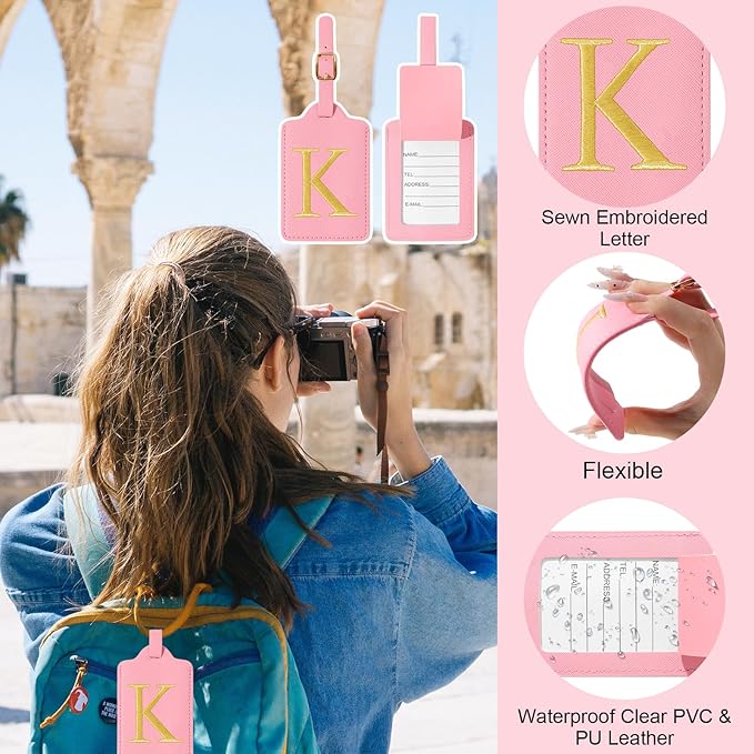 Personalized Initial Luggage Tags for Suitcases, Cute PU Leather Embroidered Letter Travel Luggage Tags, Suitcase Identifier Name Baggage Tag, Bag Tags for Men Women Kids Luggage Handbags(Pink K)