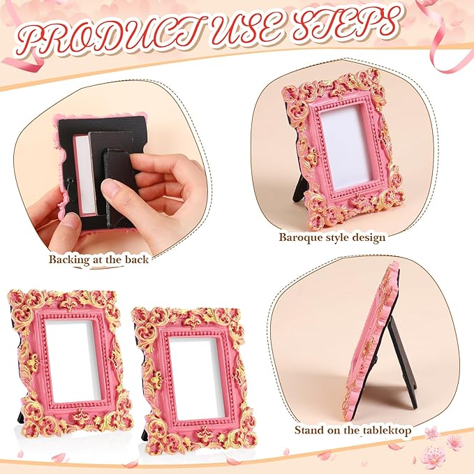 Maitys 5 Pcs Mini Picture Vintage Frames with Stands Tiny Antique Photo Baroque Ornate Resin Oval Frame Table Top Display Home Wedding Decor (Pink Gold)