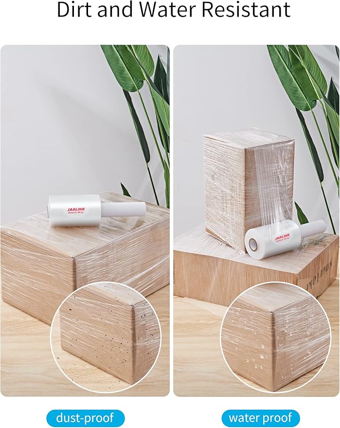 JARLINK 4 Pack Stretch Film, 5" 1000ft Mini Industrial Strength up to 500% Stretch Shrink Wrap with Handles, Thick Durable Self-Adhering Plastic Wrap for Pallet Wrap, Moving, Packing, 60 Gauge