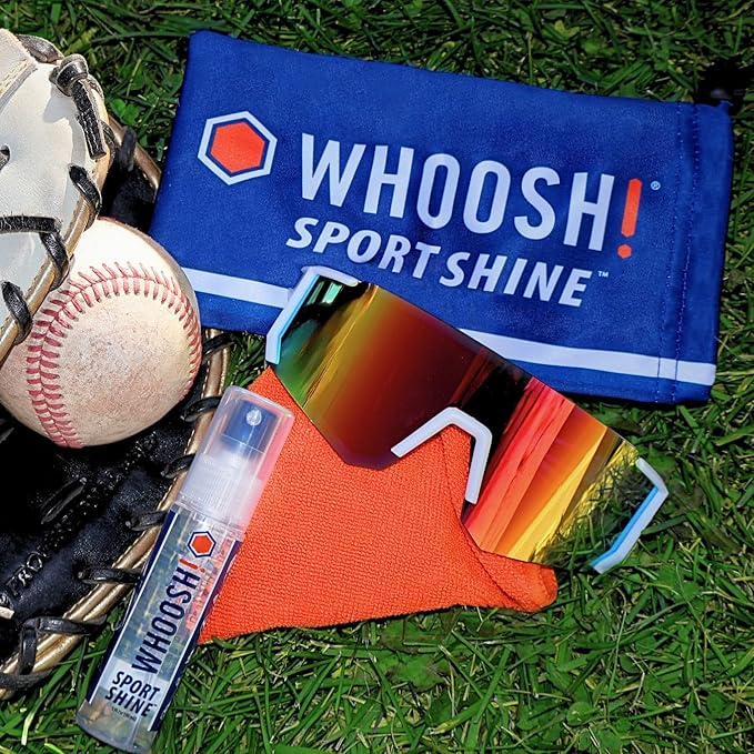 WHOOSH! Sport Shine 3.4 fl oz Anti-Fog Spray for Glasses – Odorless, Non-Toxic with Streak-Free Finish – Lens Cleaner for Goggles, Visors & Face Shields – 9x9” Microfiber Cloth & Storage Bag Included