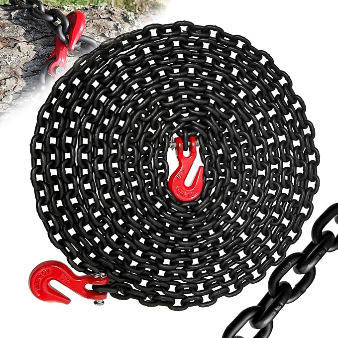 1/4" Tow Chain-G80 Binder Chain with G70 Clevis Grab Hook for Towing|25FT Transport Safety Chains Wll 3300 Lbs|Heavy Duty Chain for Trailer Truck Tie Down Binding Equipment(Oiled Black)
