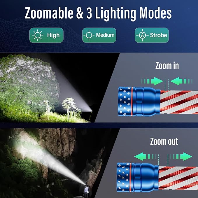 RECHOO Rechargeable Flashlight 2 Pack, Bright Military Torch High Lumens with Adjustable Focus & 3 Lighting Modes, Waterproof Led Flashlight for Camping Home, Gifts for Man