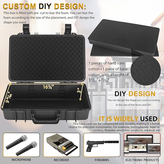 ITHWIU Protective Hard Case Shockproof Water-resistant with Customized DIY Foam Insert fit for Camera, etc, 17.3 X 11.5 X 4-Inch