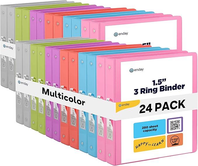 Enday 1.5 Inch Binder (24 Pack - Assorted Colors) 3 Ring Binder 1.5 inch with Clear View Cover and 2 Inside Pocket - for Letter Size 8.5 x 11'' Paper, Ideal for School Supplies, Office, and Home