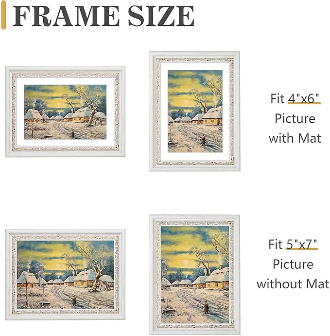 VIOLABBEY 5x7 White Gold Picture Frame, Display 4x6 Photo with Mat or 5x7 without Mat, Ornate Vintage 5 x 7 White Gold Frame for Wall Decor or Tabletop Display
