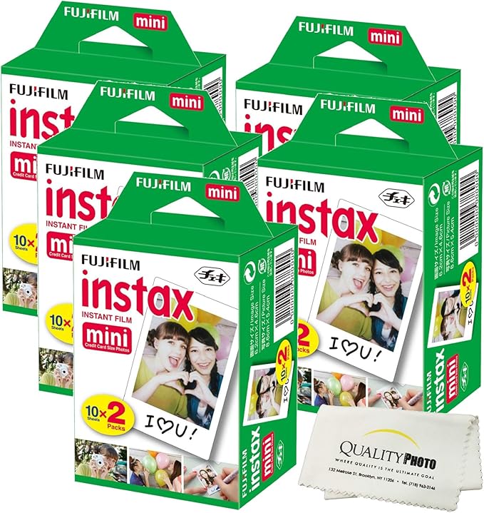 Fujifilm INSTAX Mini Instant Film (White) For Fujifilm Mini 8 & Mini 9 Cameras w/ Microfiber Cloth by Quality Photo (100 Film Sheets)