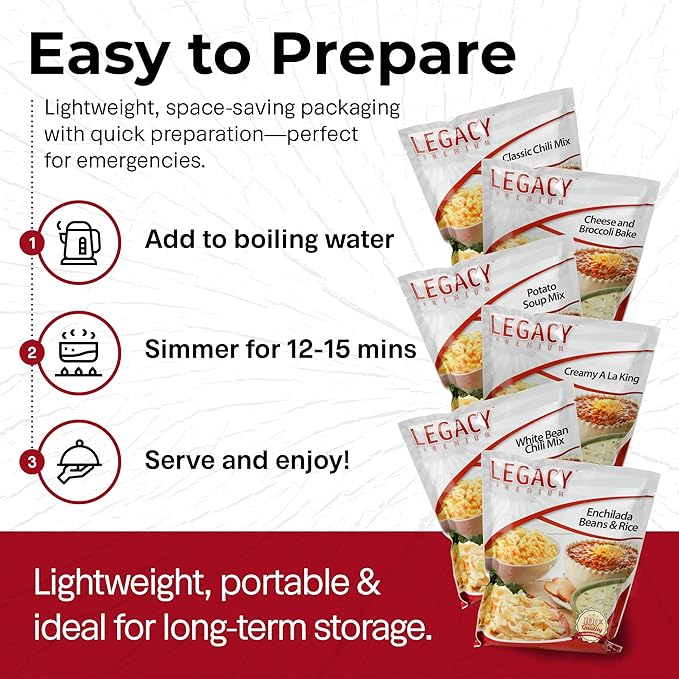 Legacy Food Storage 60 Serving Emergency Food Supply Bucket, 10 Entrees, 4 Breakfasts, 24,520 Total Calories, Shelf Stable Breakfast Lunch & Dinner, Freeze Dried Survival Meals for MRE Camping, Hiking, Prepping