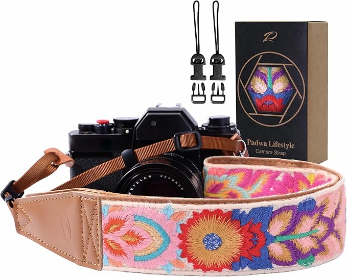 Padwa Lifestyle Colorful Knit Camera Strap - 2" Full Grain Leather Ends Camera Straps for Photographers, Vintage Embroidered Cotton Soft Suede Fabric Padded Strap Quick Release fits All Cameras