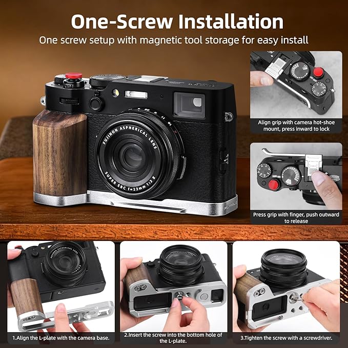 Grip Accessories for FUJIFILM X100VI / X100V, L-Shape Handle with Arca-Swiss Quick Release Plate & Metal Thumb Grip Hot Shoe Cover & 2 Shutter Buttons Fuji X100VI / X100V Accessories (Silver)