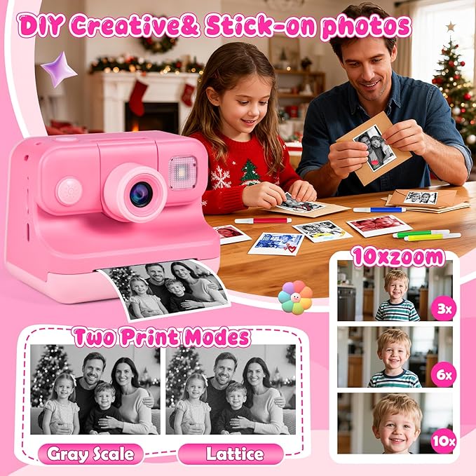Kids Instant Print Camera with Carrying Bag, 1080P HD Girl Camera with 4 Print Paper Rolls, Color Pens & 32GB Card, Christmas Birthday Gifts Kids Girl Toys for 3-12 Years Old (Pink)