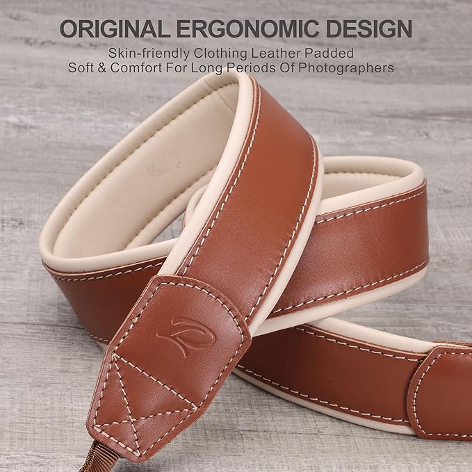Padwa Lifestyle Tan Padded Leather Camera Strap - Full Grain Genuine Cowhide Camera Straps with White Thick Skin-friendly Clothing Leather Padded,Soft&Comfort Strap for Long Periods of Photographers